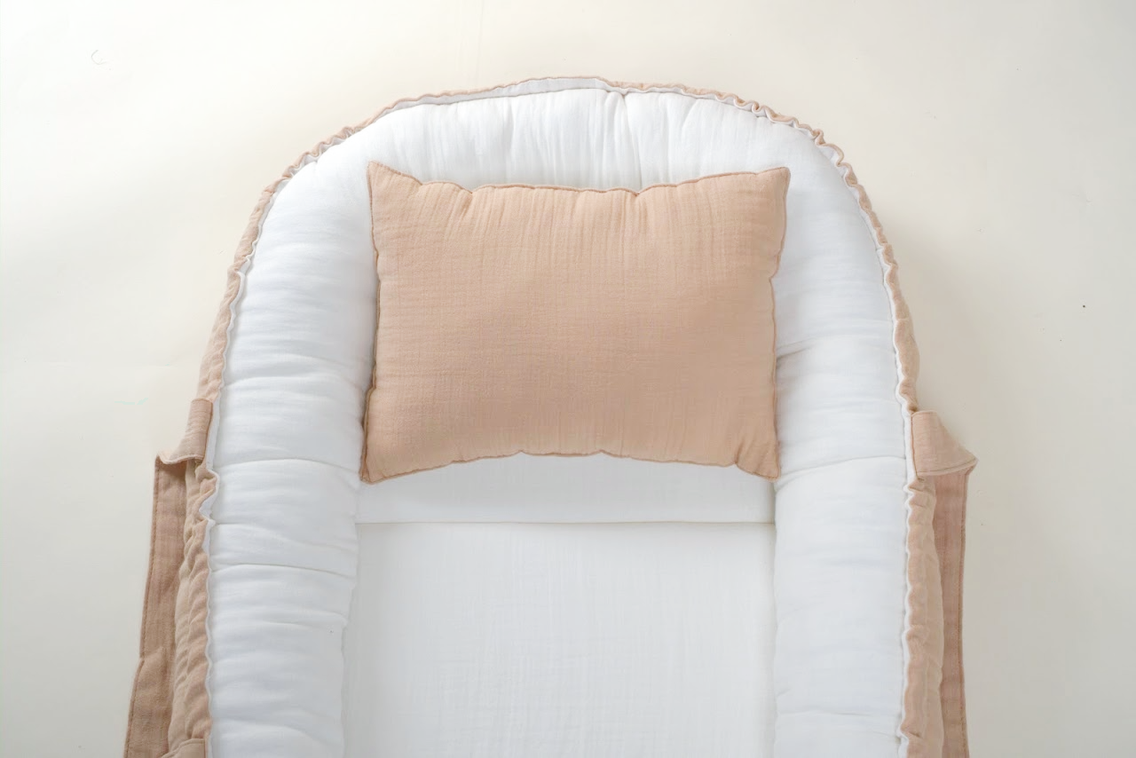 Babynest ve Yastık - Çift Taraflı - İki Katlı Muslin Krem - İki Katlı Muslin Sütlü Kahve