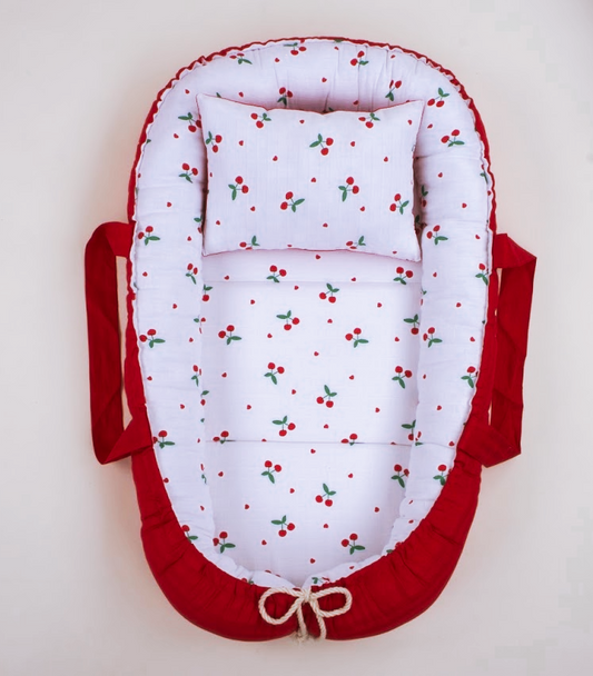 Babynest ve Yastık - Çift Taraflı - Kırmızı Saten - Kiraz