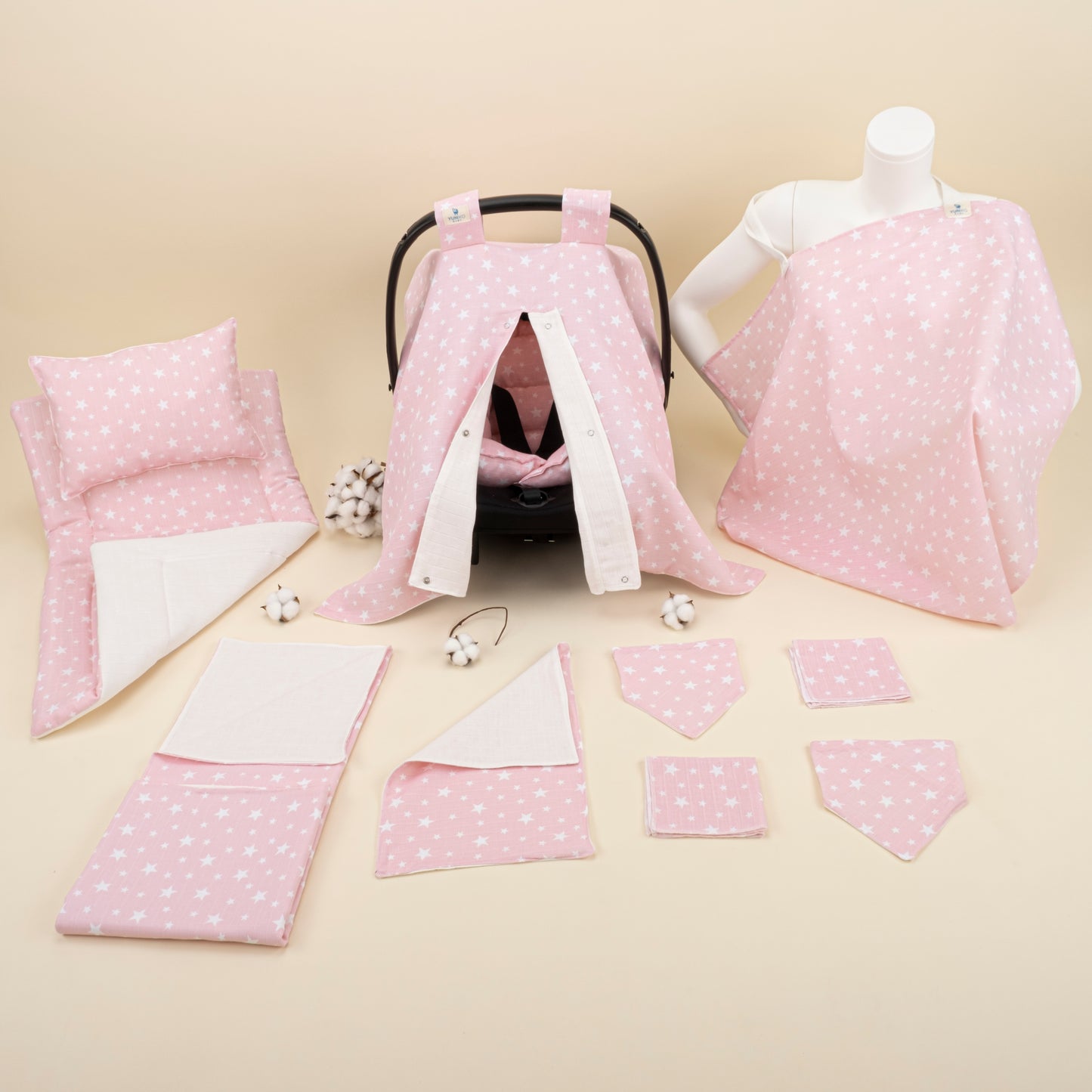 11 Parça Avantajlı Set - Çift Taraflı - Beyaz Muslin - Pembe Minik Yıldızlar