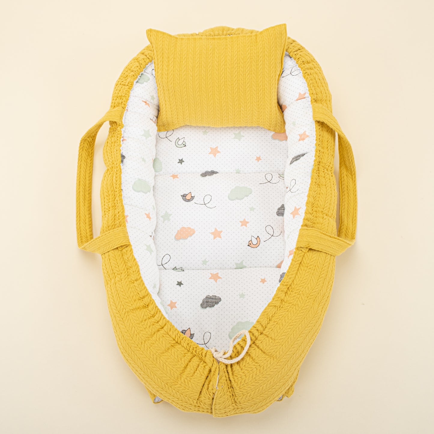 Babynest ve Yastık - Çift Taraflı - Hardal Örgü - Kuş