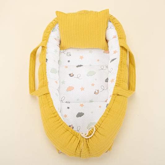 Babynest ve Yastık - Çift Taraflı - Hardal Örgü - Kuş