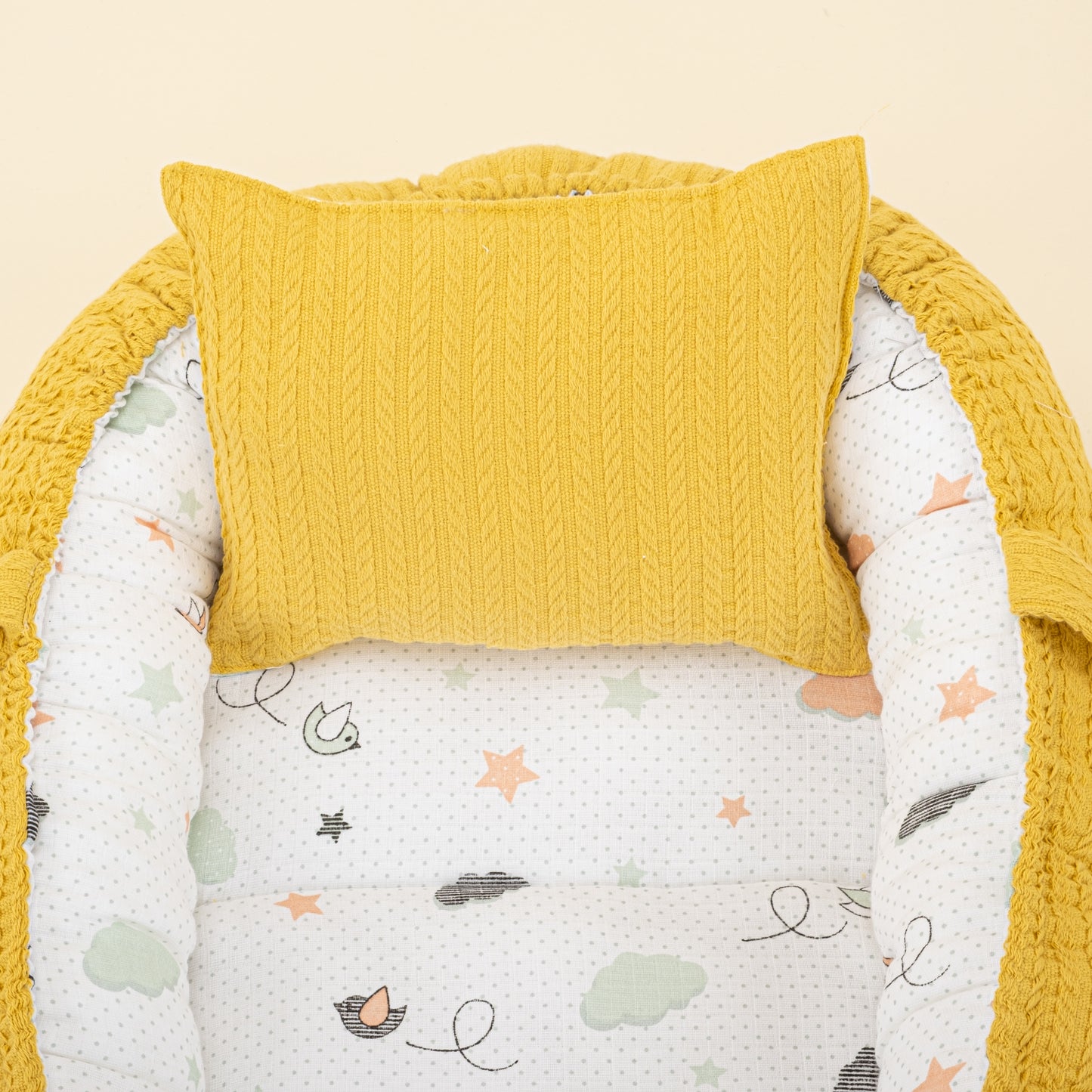 Babynest ve Yastık - Çift Taraflı - Hardal Örgü - Kuş
