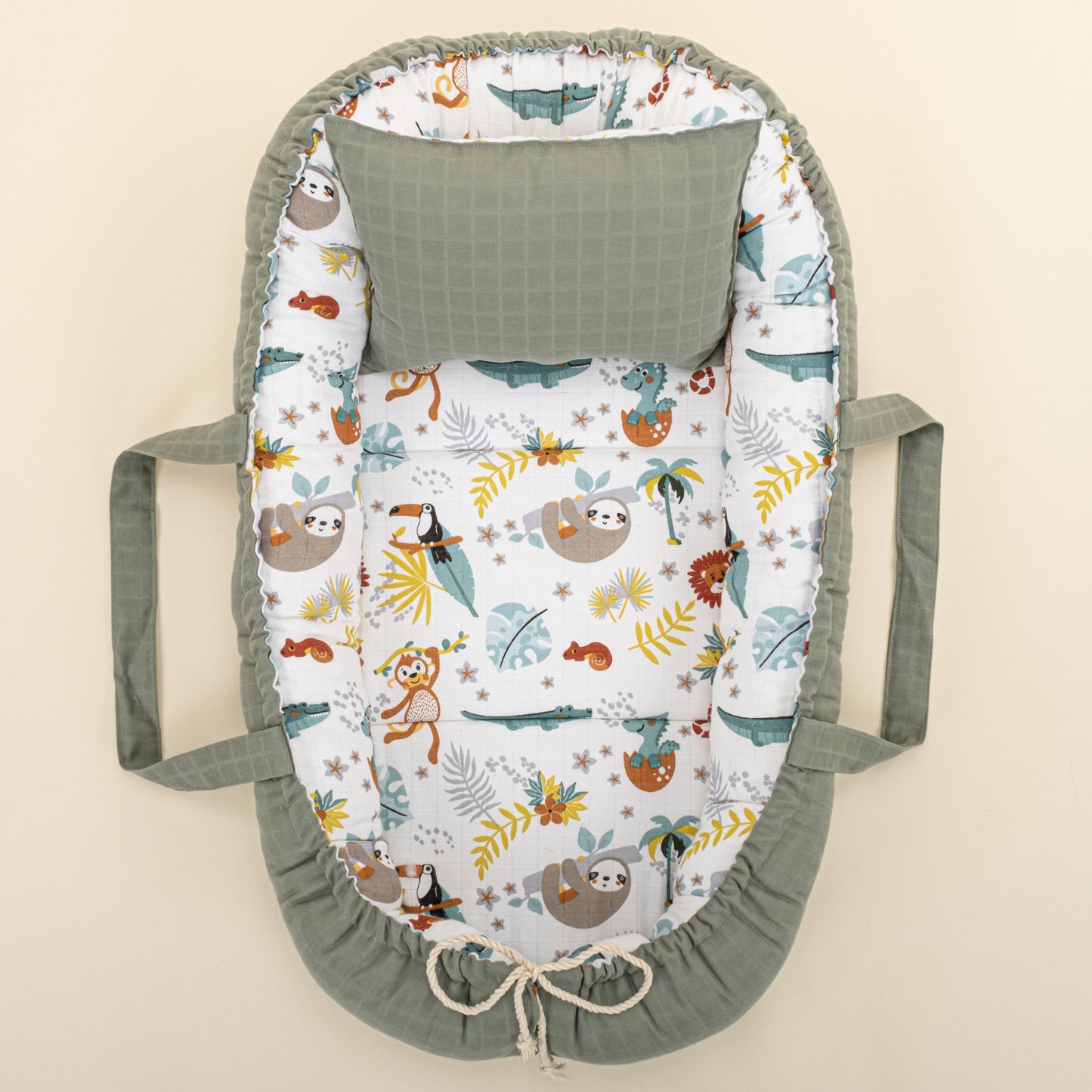 Babynest ve Yastık - Çift Taraflı - Haki Muslin - Hayvanat Bahçesi