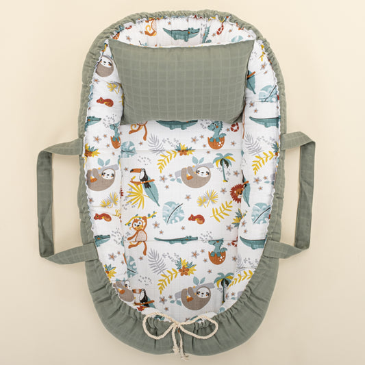 Babynest ve Yastık - Çift Taraflı - Haki Muslin - Hayvanat Bahçesi