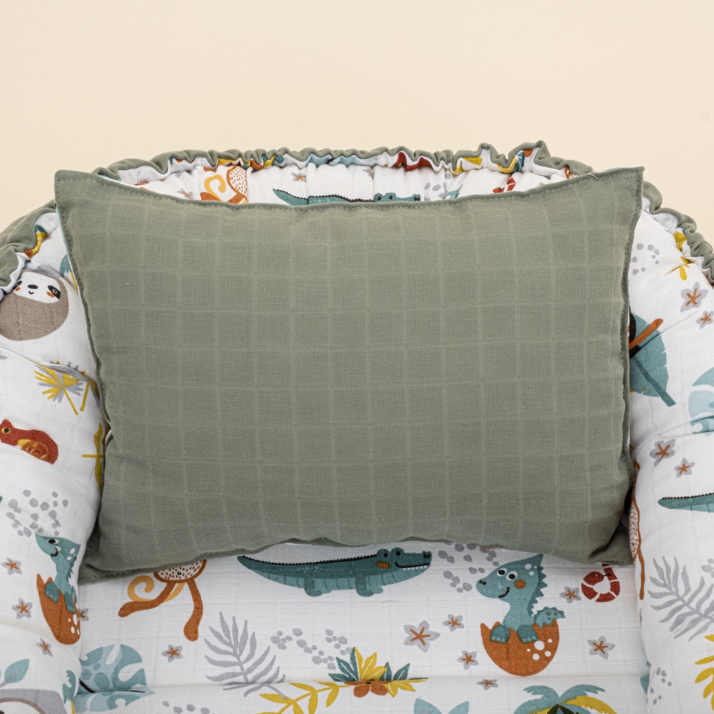 Babynest ve Yastık - Çift Taraflı - Haki Muslin - Hayvanat Bahçesi