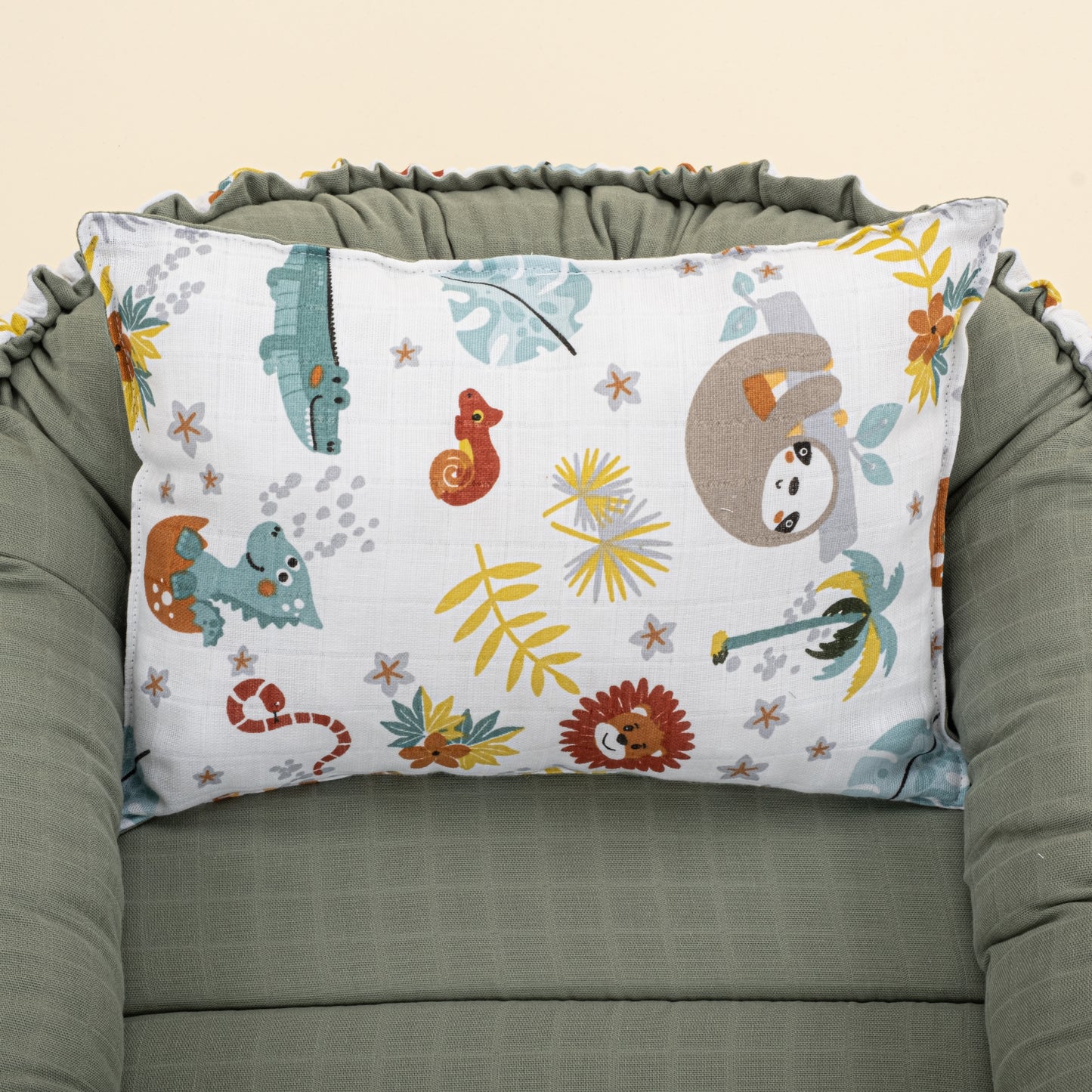 Babynest ve Yastık - Çift Taraflı - Haki Muslin - Hayvanat Bahçesi