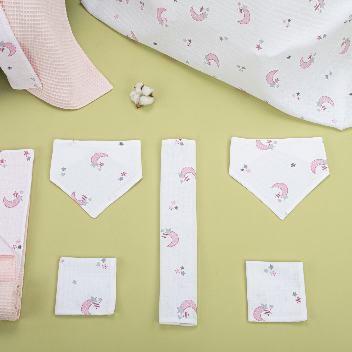 9 Parça Avantajlı Set - Çift Taraflı - Bebe Pembe Petek - Pembe Ay