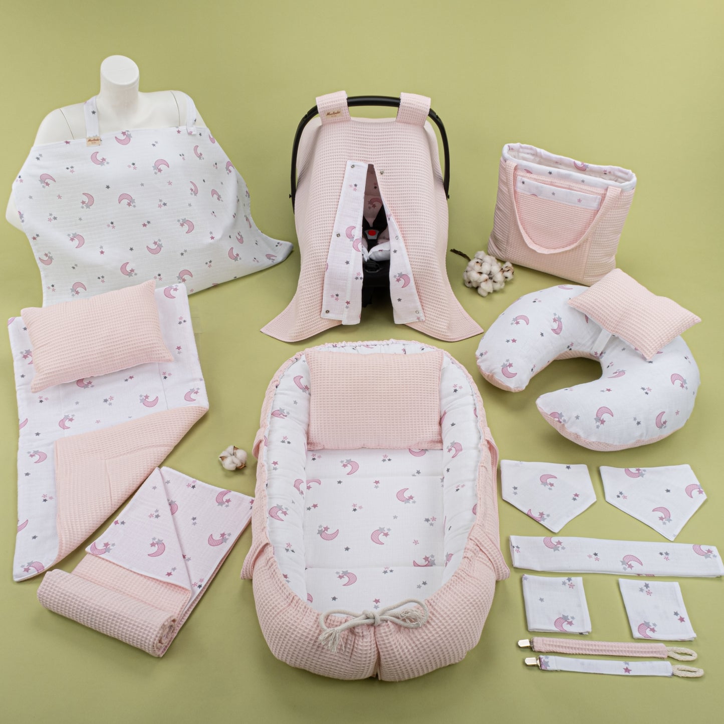 18 Parça Full Set - Çift Taraflı - Bebe Pembe Petek - Pembe Ay