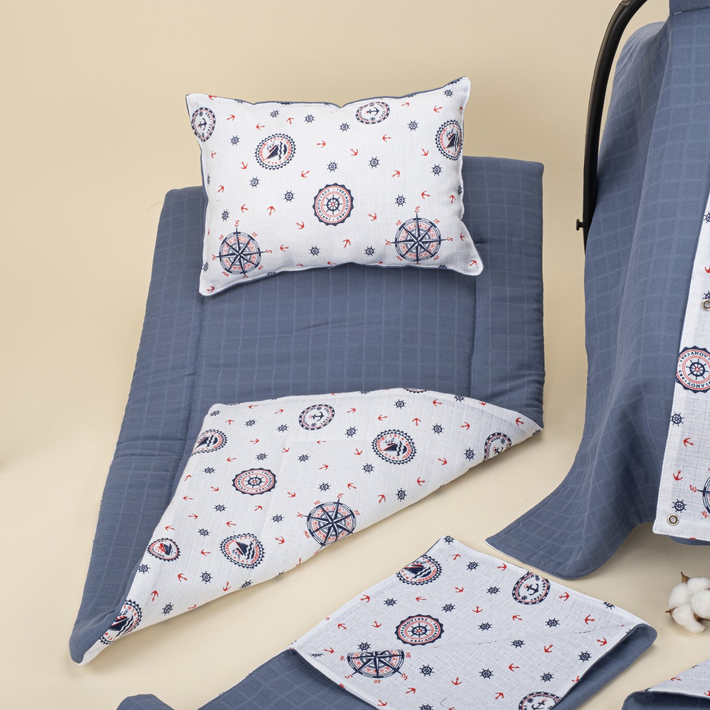11 Parça Avantajlı Set - Çift Taraflı - İndigo Muslin - Mavi Gemili