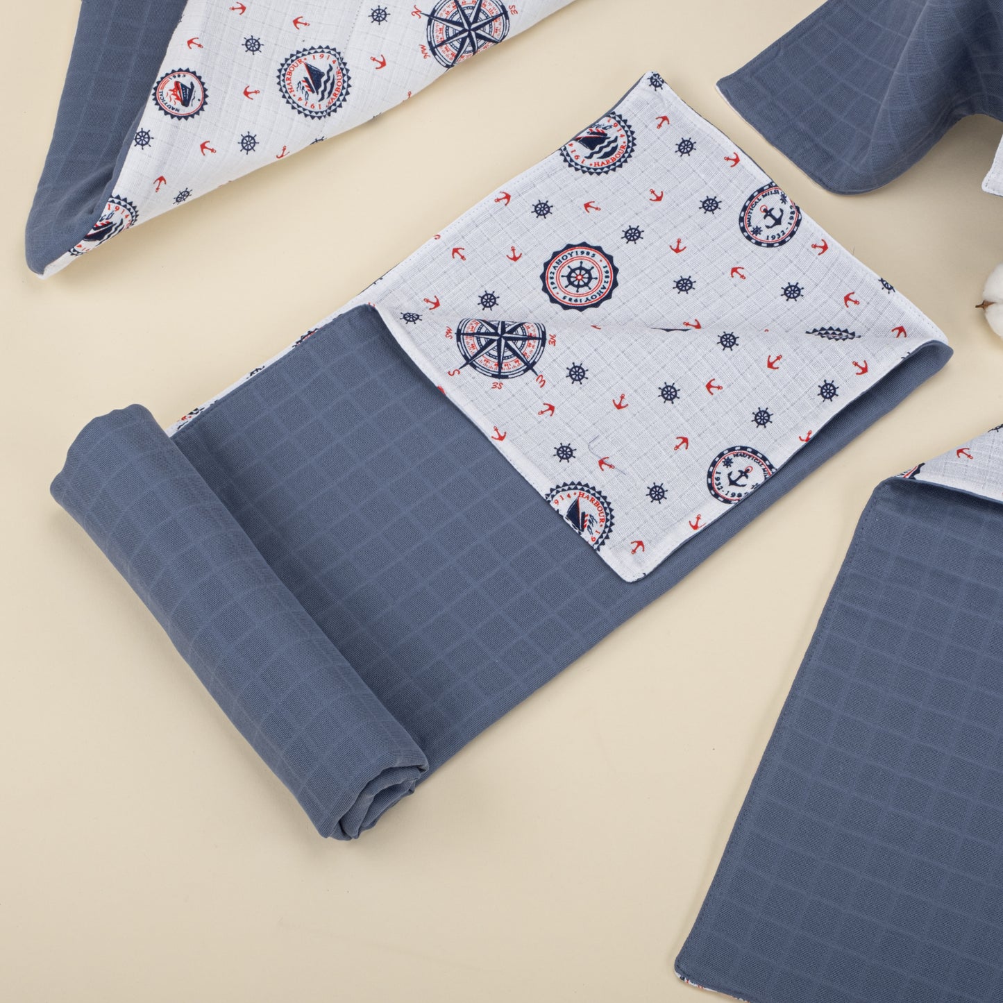 11 Parça Avantajlı Set - Çift Taraflı - İndigo Muslin - Mavi Gemili
