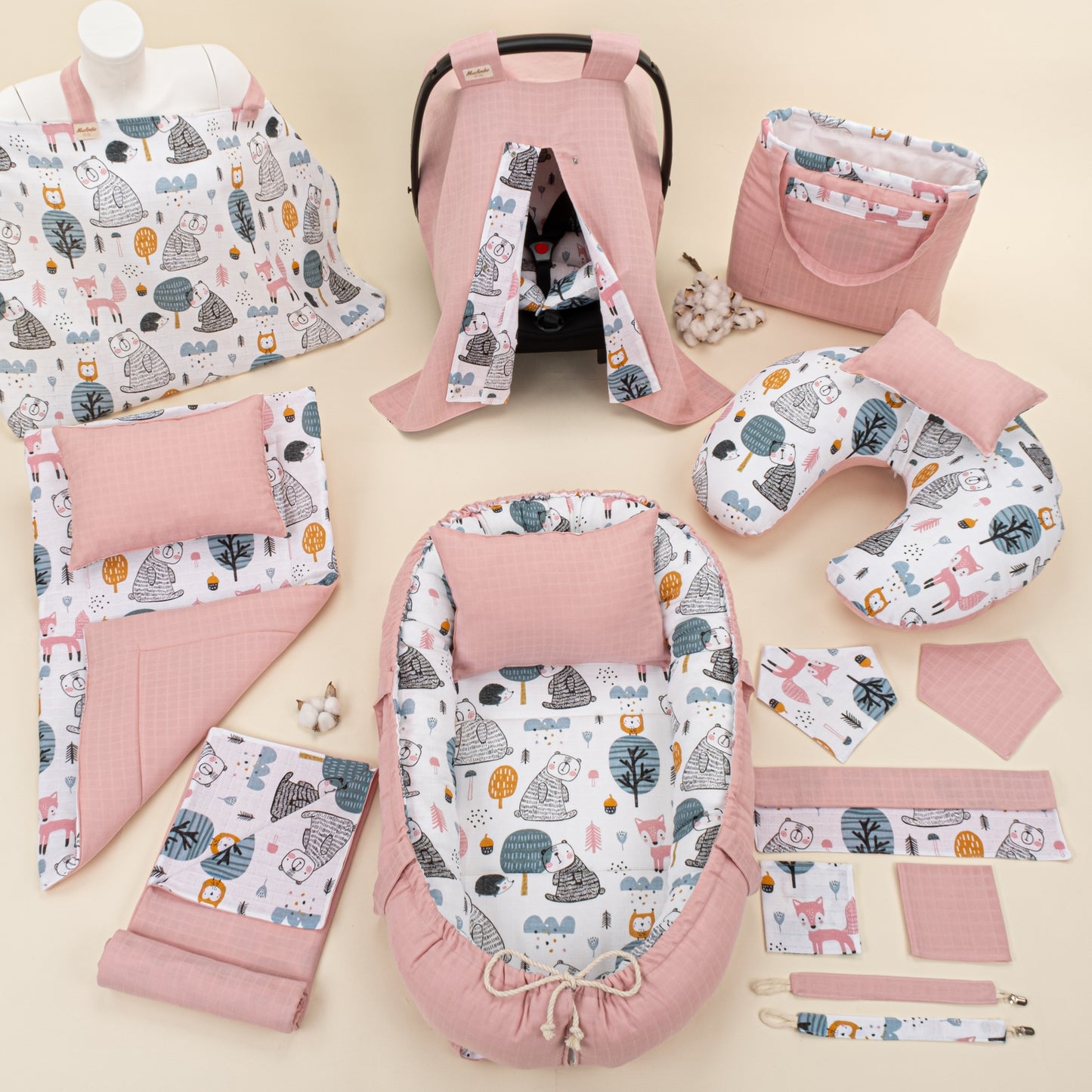 18 Parça Full Set - Çift Taraflı - Pudra Muslin - Tilki