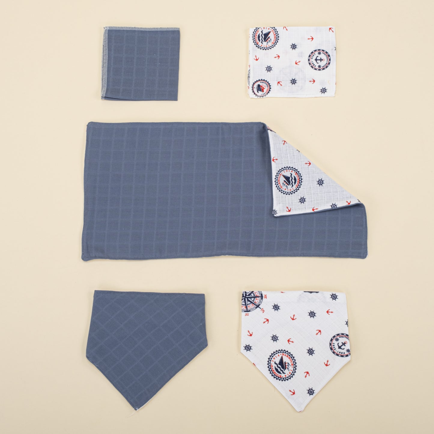 11 Parça Avantajlı Set - Çift Taraflı - İndigo Muslin - Mavi Gemili