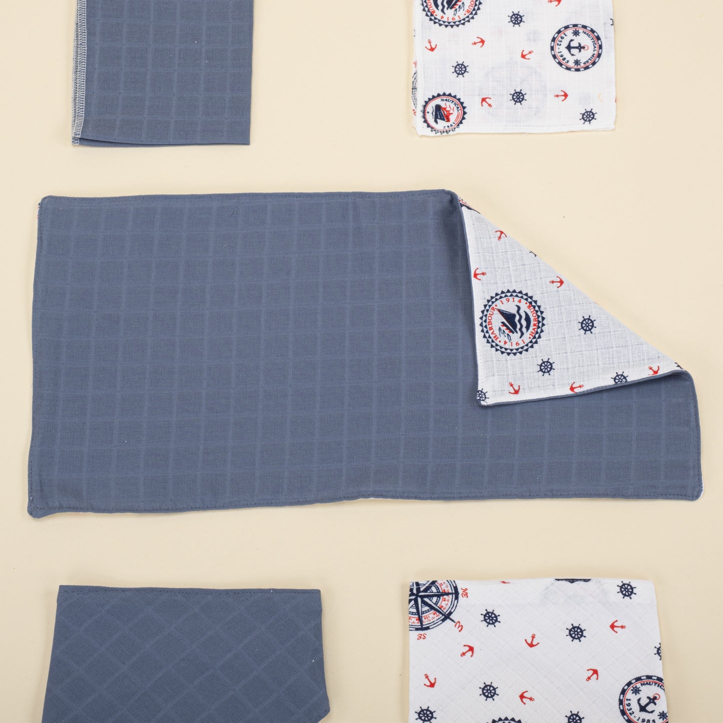 11 Parça Avantajlı Set - Çift Taraflı - İndigo Muslin - Mavi Gemili