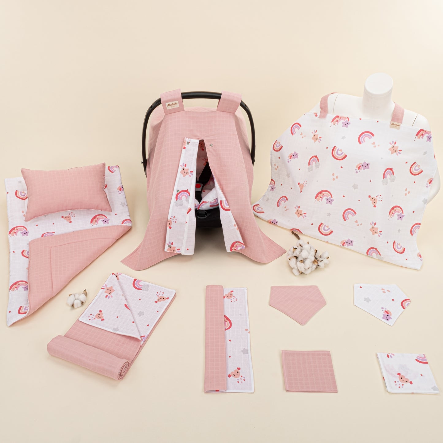 11 Parça Avantajlı Set - Çift Taraflı - Pudra Muslin - Pembe Gökkuşağı