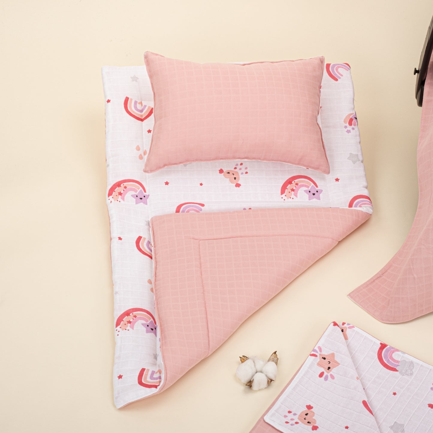 11 Parça Avantajlı Set - Çift Taraflı - Pudra Muslin - Pembe Gökkuşağı