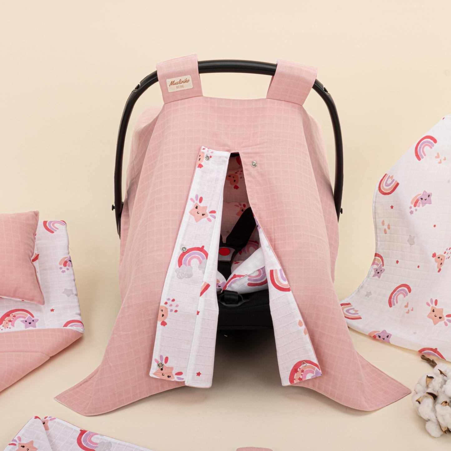 11 Parça Avantajlı Set - Çift Taraflı - Pudra Muslin - Pembe Gökkuşağı