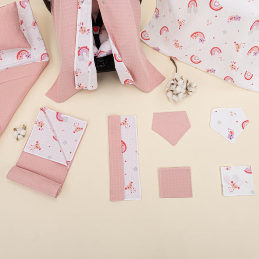 11 Parça Avantajlı Set - Çift Taraflı - Pudra Muslin - Pembe Gökkuşağı