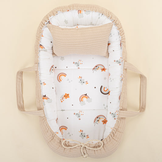 Babynest ve Yastık - Çift Taraflı - Sütlü Kahve Örgü - Turuncu Gökkuşağı