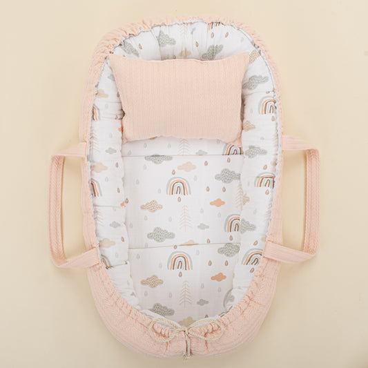 Babynest ve Yastık - Çift Taraflı - Somon Örgü - Yeşil Gökkuşağı