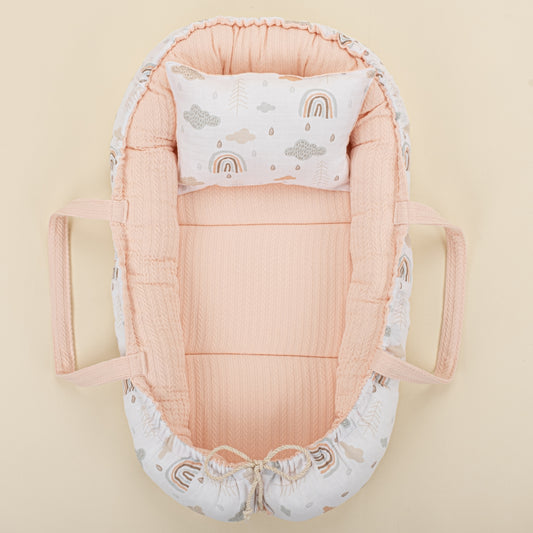Babynest ve Yastık - Çift Taraflı - Somon Örgü - Yeşil Gökkuşağı