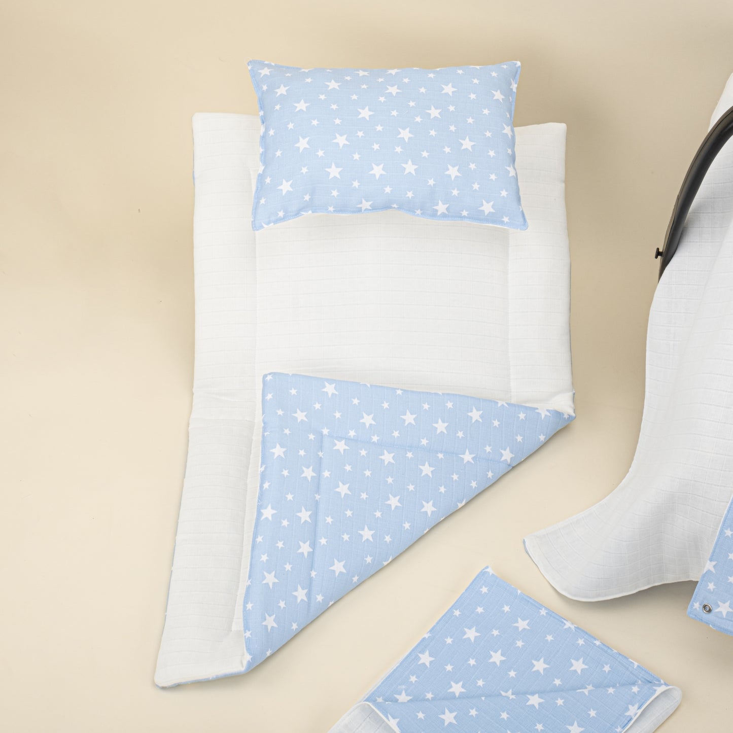 11 Parça Avantajlı Set - Çift Taraflı - Krem Muslin - Mavi Minik Yıldızlar