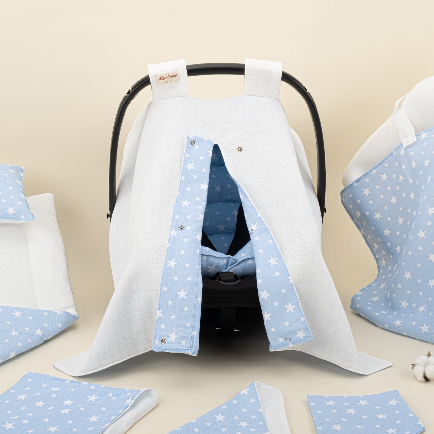 11 Parça Avantajlı Set - Çift Taraflı - Krem Muslin - Mavi Minik Yıldızlar