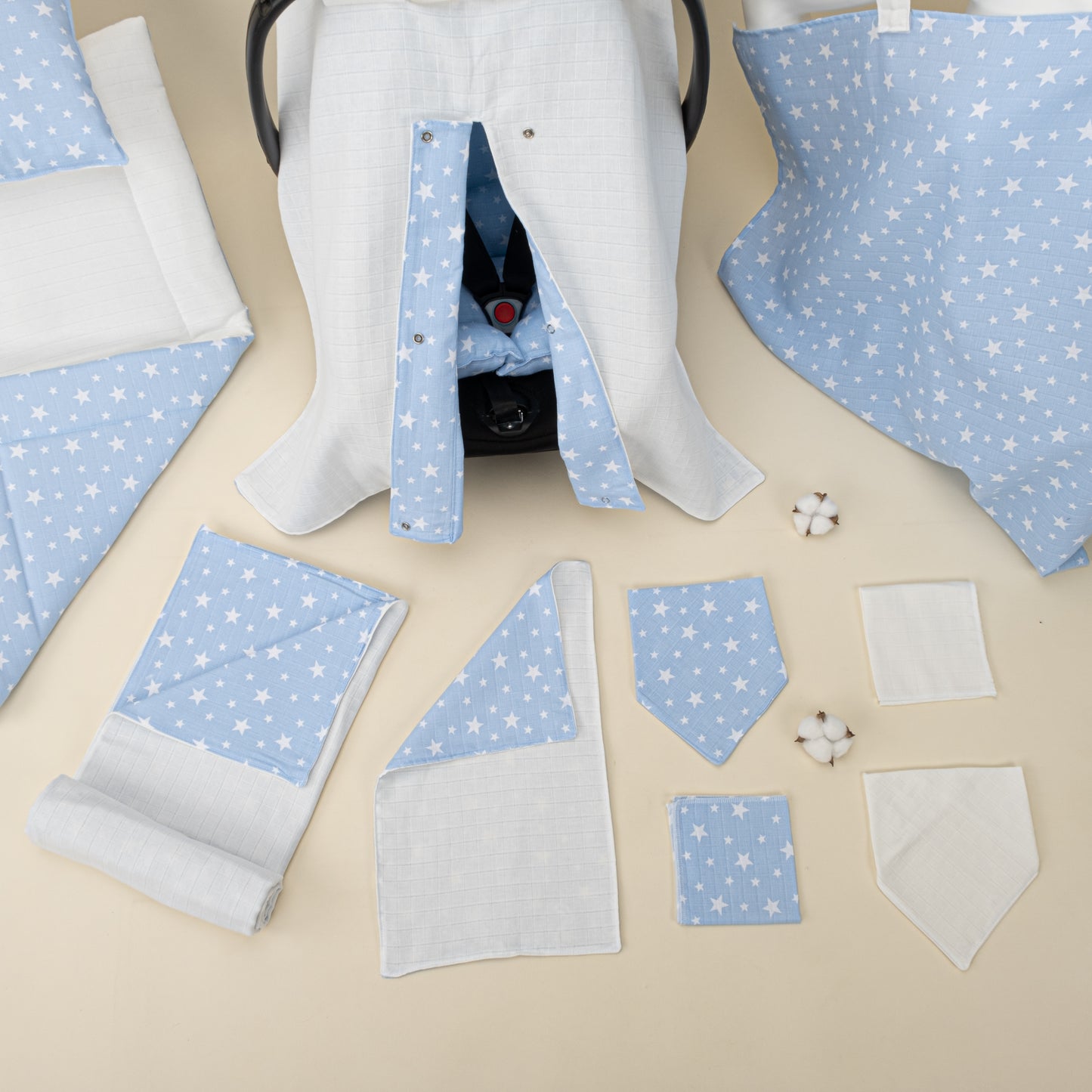11 Parça Avantajlı Set - Çift Taraflı - Krem Muslin - Mavi Minik Yıldızlar