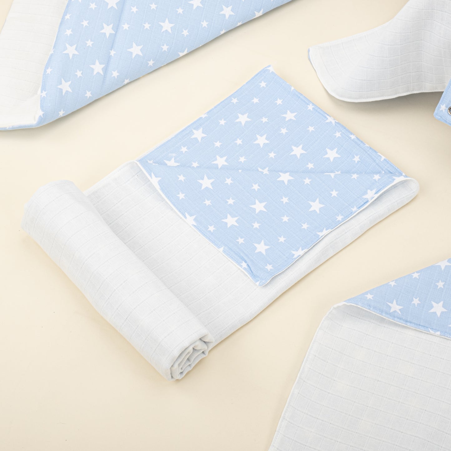 11 Parça Avantajlı Set - Çift Taraflı - Krem Muslin - Mavi Minik Yıldızlar
