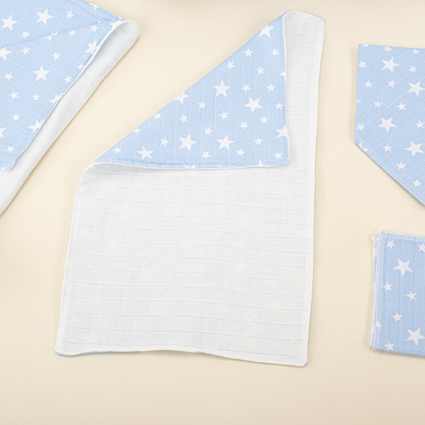 11 Parça Avantajlı Set - Çift Taraflı - Krem Muslin - Mavi Minik Yıldızlar