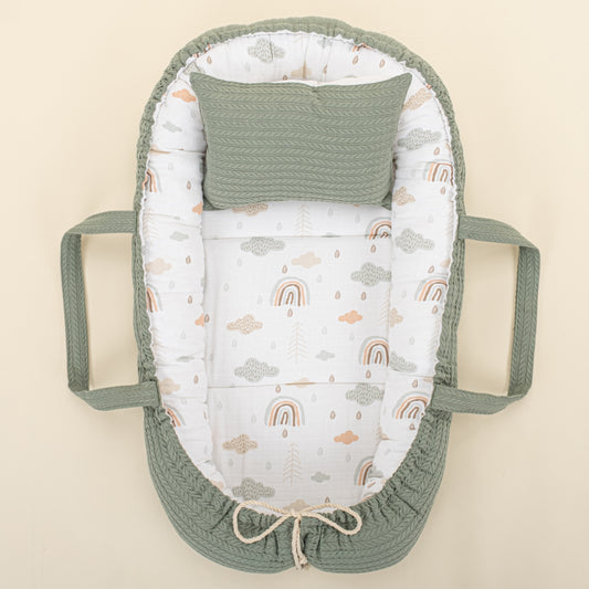 Babynest ve Yastık - Çift Taraflı - Koyu Yeşil Örgü - Yeşil Gökkuşağı