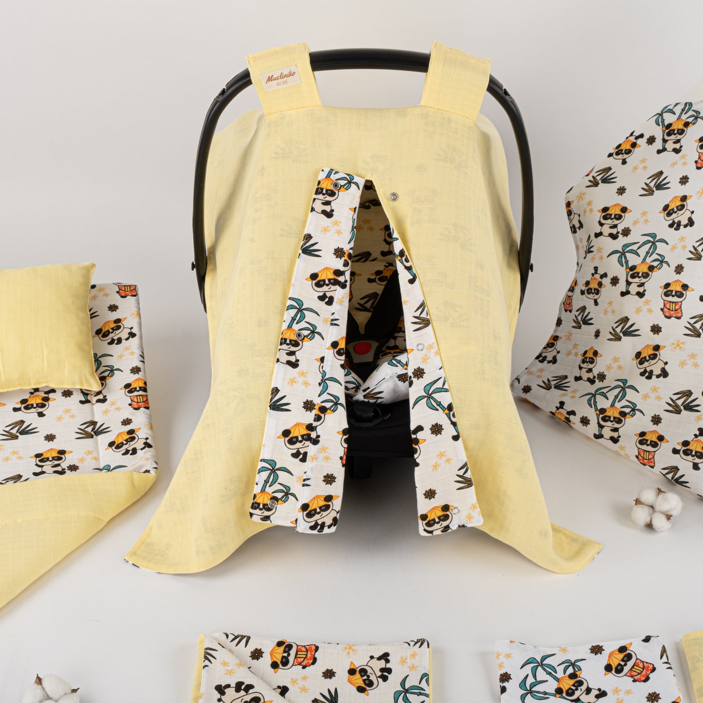 11 Parça Avantajlı Set - Çift Taraflı - Sarı Muslin - Tropikal Panda