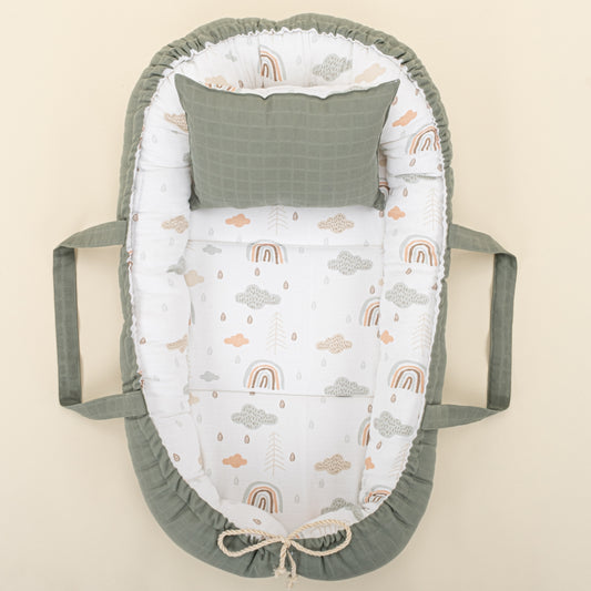 Babynest ve Yastık - Çift Taraflı - Haki Muslin - Yeşil Gökkuşağı