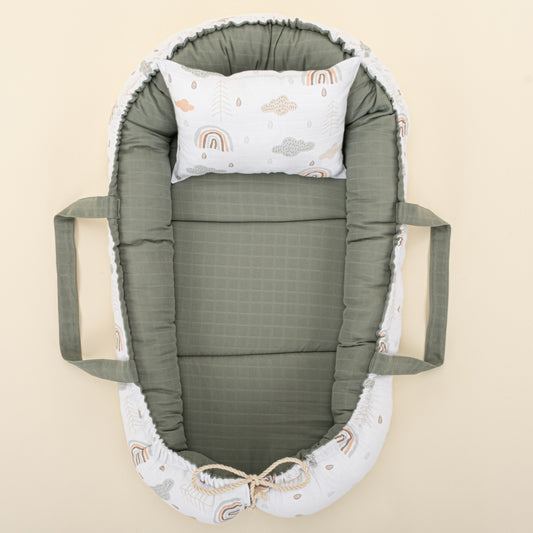 Babynest ve Yastık - Çift Taraflı - Haki Muslin - Yeşil Gökkuşağı