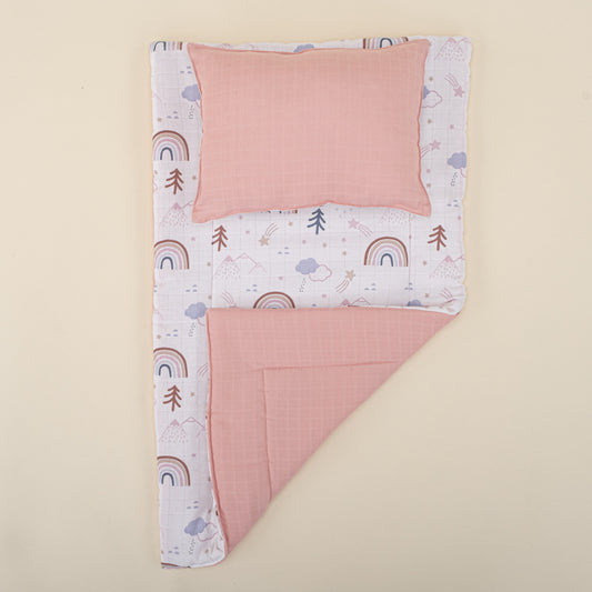 Alt Açma Matı ve Yastık  - Çift Taraflı - Pudra Muslin - Pastel Gökkuşağı