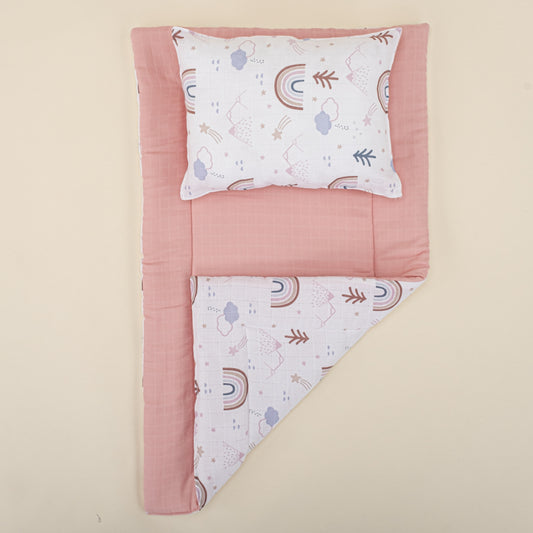 Alt Açma Matı ve Yastık  - Çift Taraflı - Pudra Muslin - Pastel Gökkuşağı