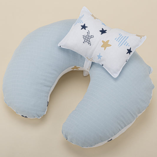 Emzirme Yastığı - Bebe Mavi Muslin - Mavi Yıldız