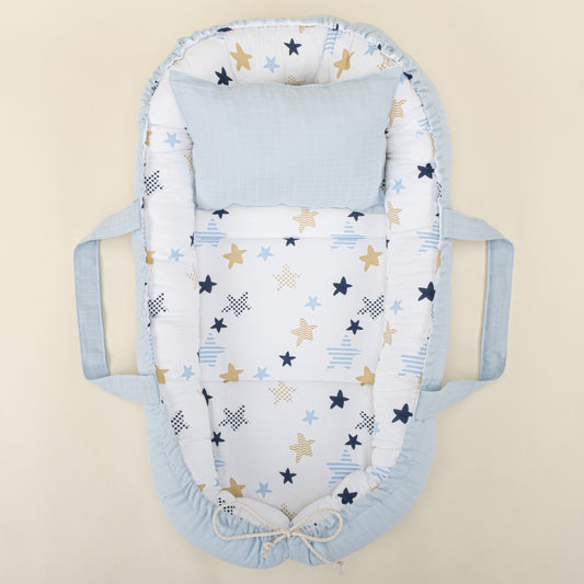 Babynest - Çift Taraflı - Bebe Mavi Muslin - Mavi Yıldız