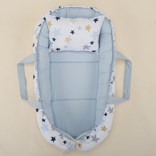Babynest - Çift Taraflı - Bebe Mavi Muslin - Mavi Yıldız