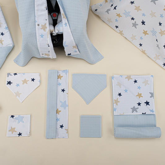 10 Parça Avantajlı Set - Çift Taraflı - Bebe Mavi Muslin - Mavi Yıldız