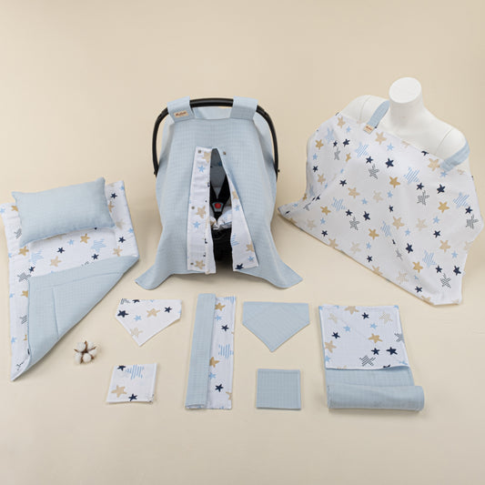 10 Parça Avantajlı Set - Çift Taraflı - Bebe Mavi Muslin - Mavi Yıldız