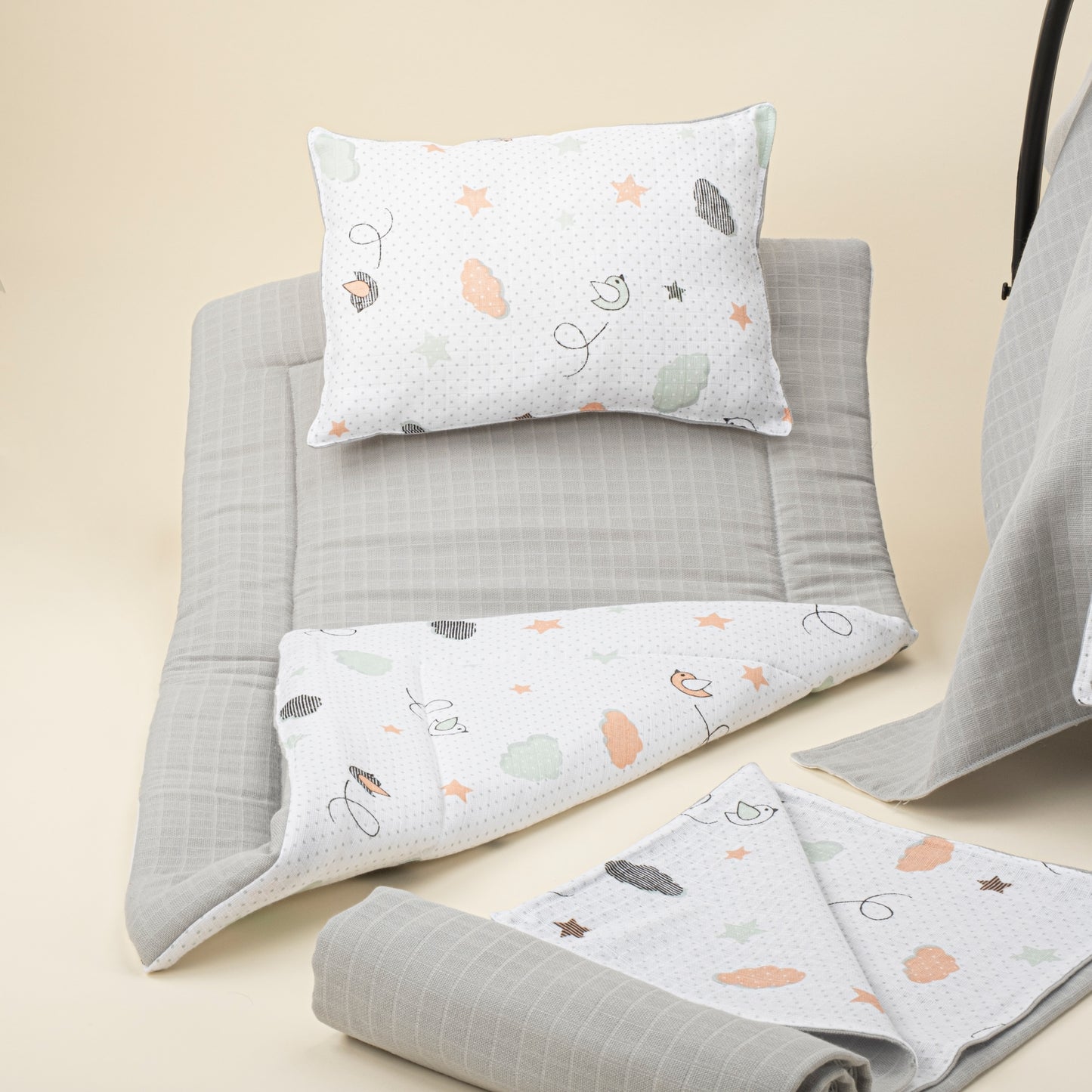 11  Parça Avantajlı Set - Çift Taraflı - Açık Gri Muslin - Kuş