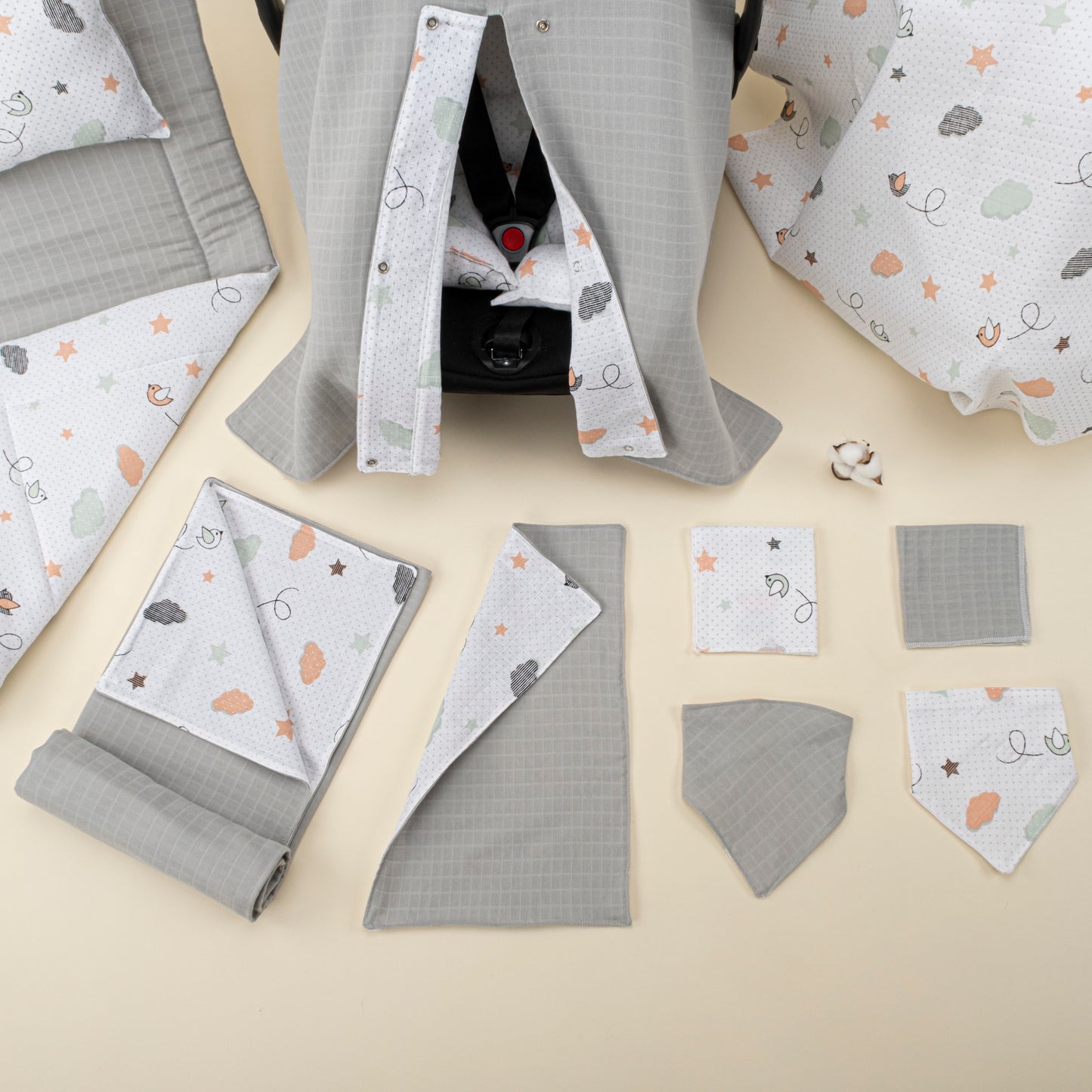 11  Parça Avantajlı Set - Çift Taraflı - Açık Gri Muslin - Kuş