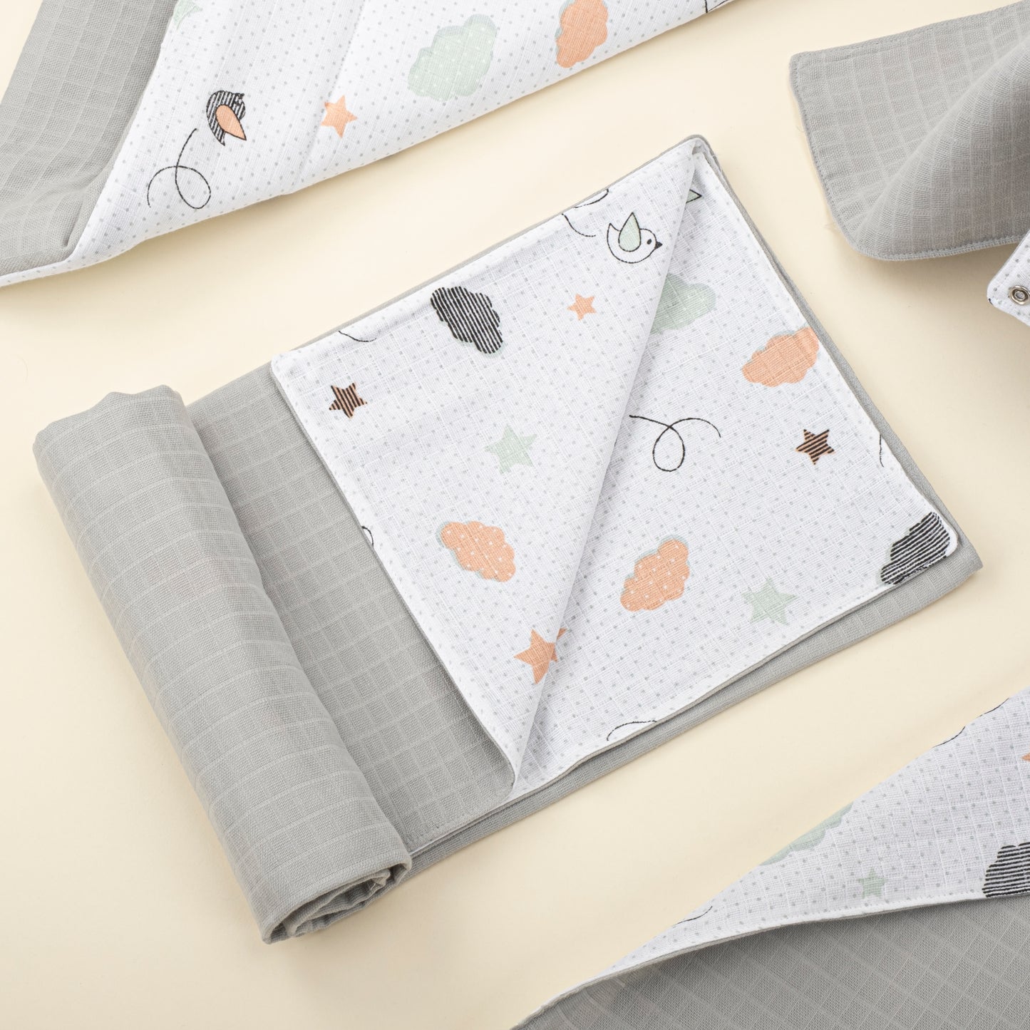 11  Parça Avantajlı Set - Çift Taraflı - Açık Gri Muslin - Kuş