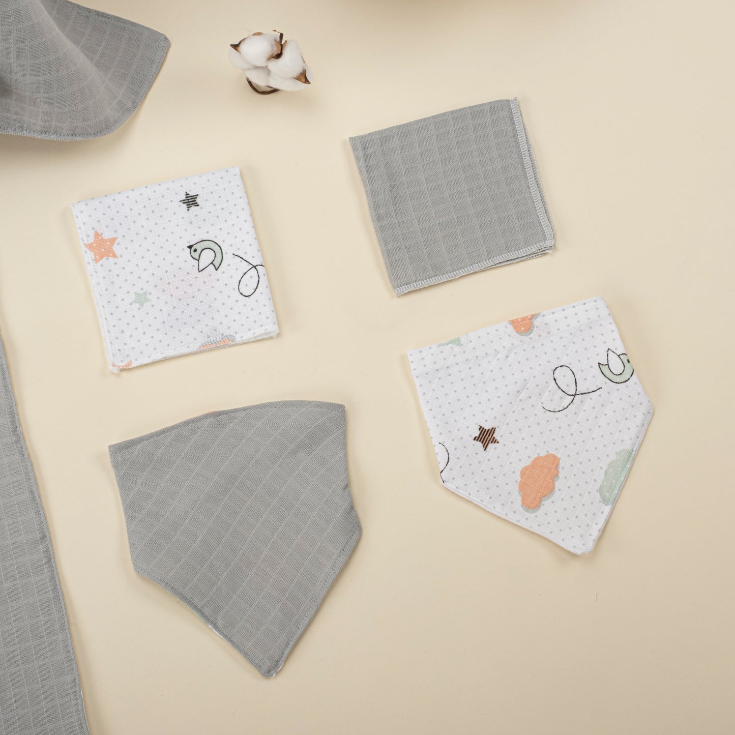 11  Parça Avantajlı Set - Çift Taraflı - Açık Gri Muslin - Kuş
