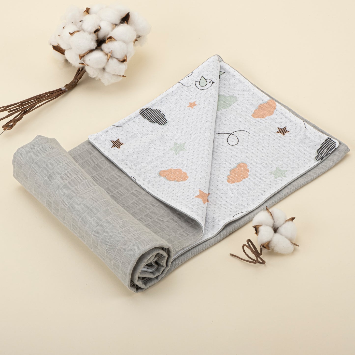 11  Parça Avantajlı Set - Çift Taraflı - Açık Gri Muslin - Kuş