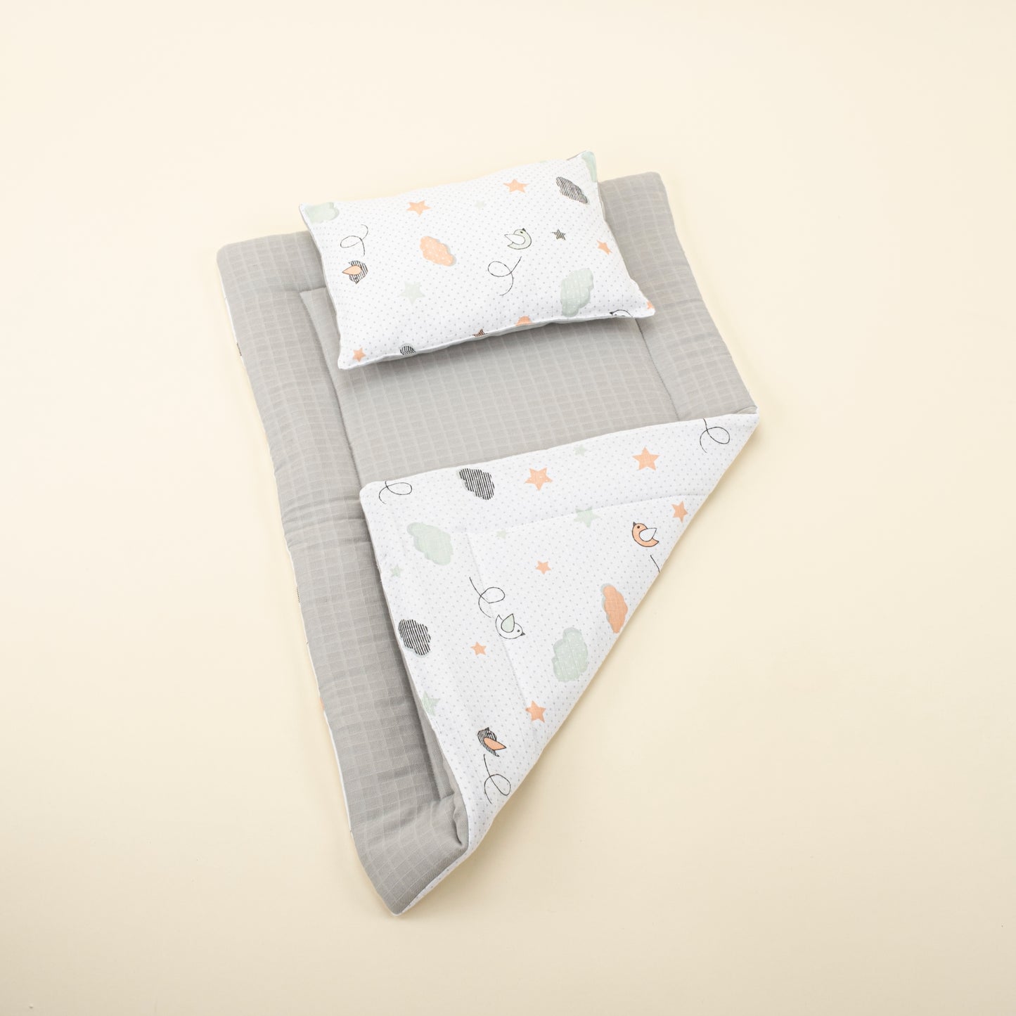 11  Parça Avantajlı Set - Çift Taraflı - Açık Gri Muslin - Kuş