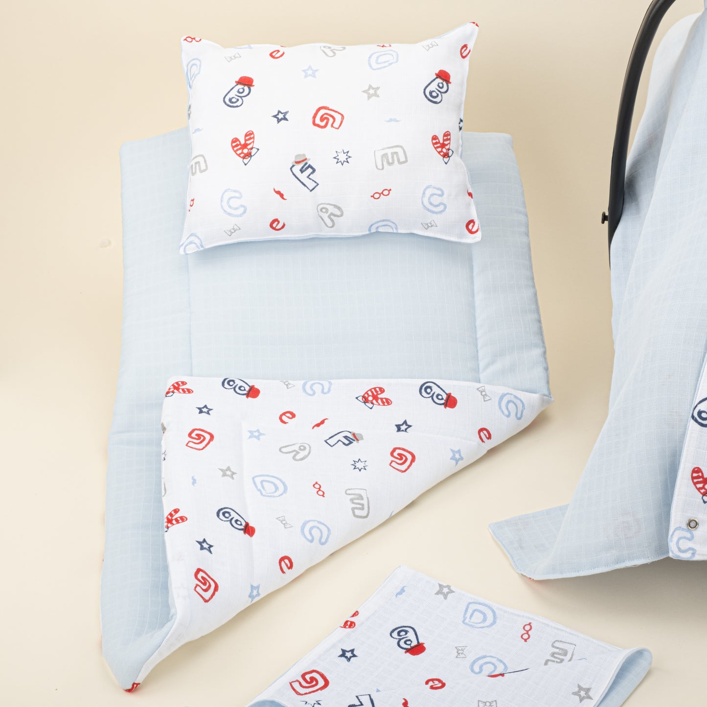 11  Parça Avantajlı Set - Çift Taraflı - Bebe Mavi Muslin - Harfli