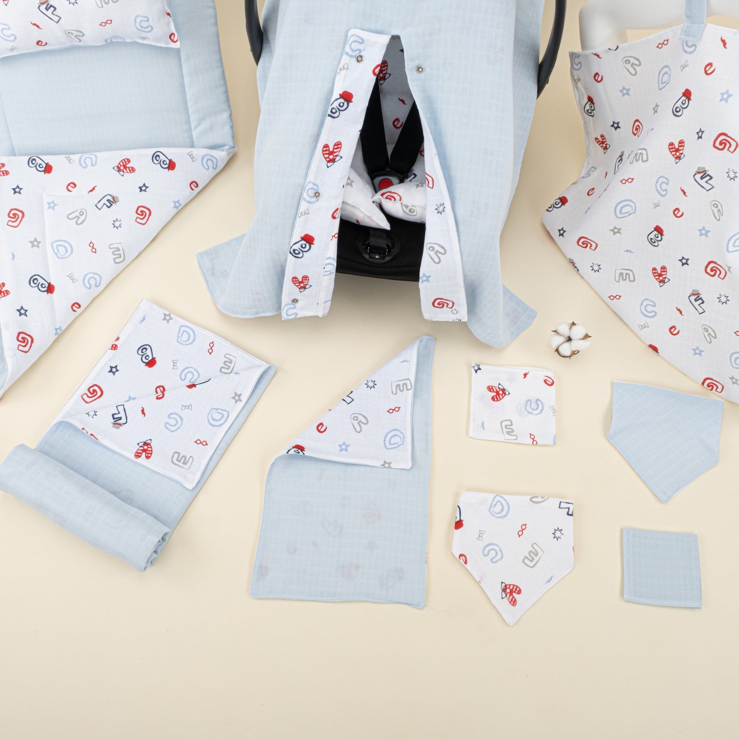 11  Parça Avantajlı Set - Çift Taraflı - Bebe Mavi Muslin - Harfli