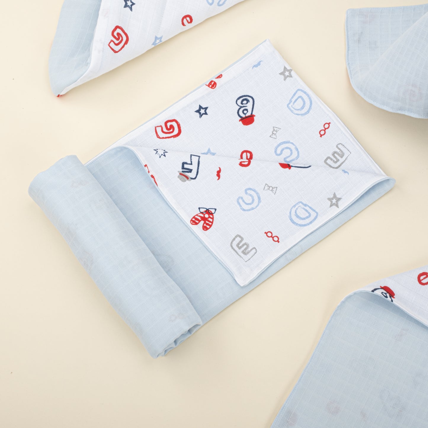 11  Parça Avantajlı Set - Çift Taraflı - Bebe Mavi Muslin - Harfli