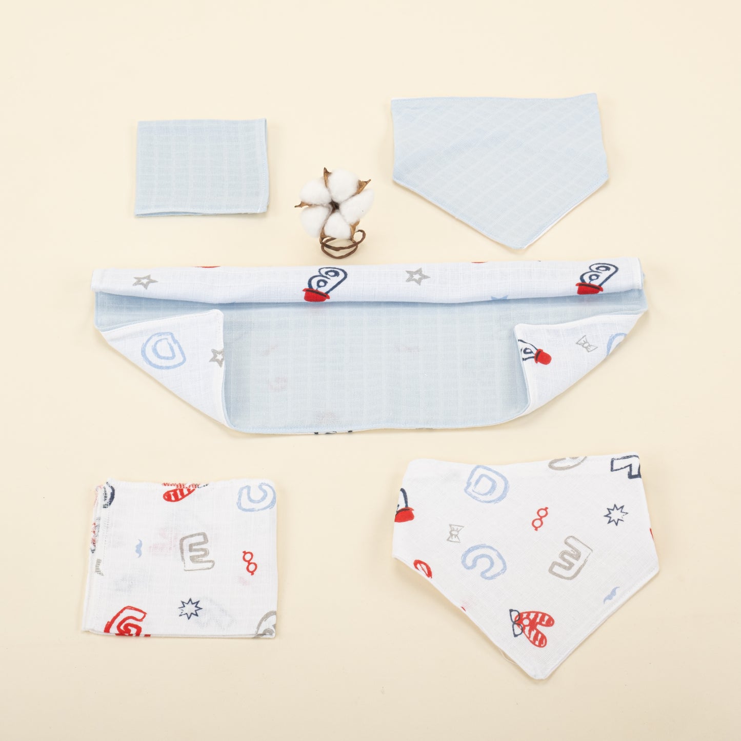 11  Parça Avantajlı Set - Çift Taraflı - Bebe Mavi Muslin - Harfli
